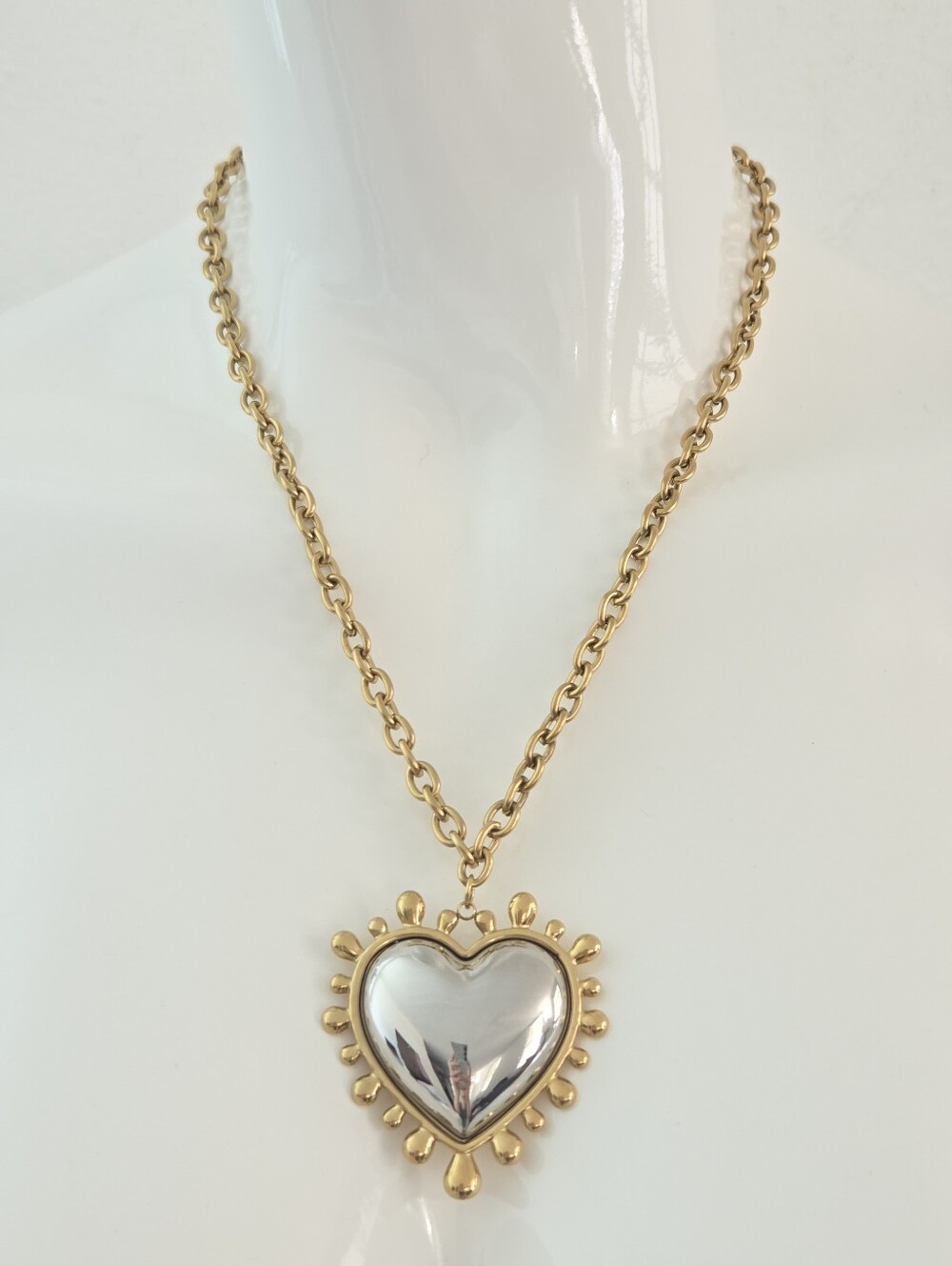 Two Tone Puffy Heart Pendant Statement Necklace - Picture 15 of 16